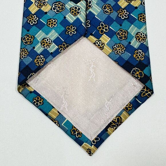 YSL Yves Saint Laurent Silk Necktie Blue Floral Geometric Handmade Italy - Picture 6 of 8